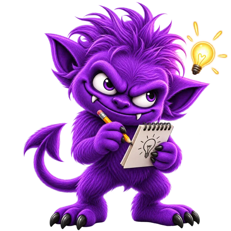 The imp, sketching a lightbulb in his notepad