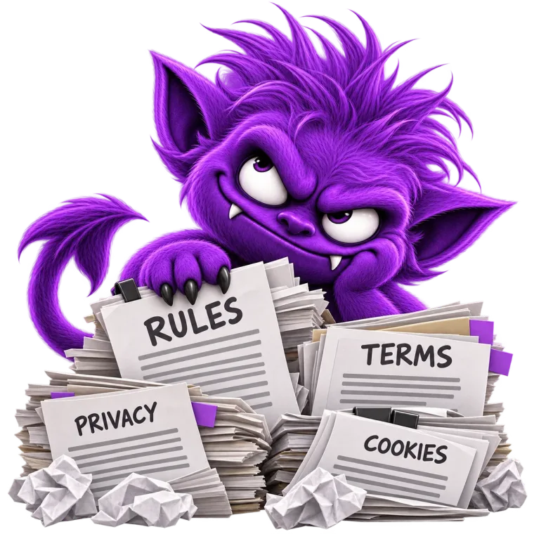 The imp, resting on piles of rules, terms, privacy and cookie paperwork