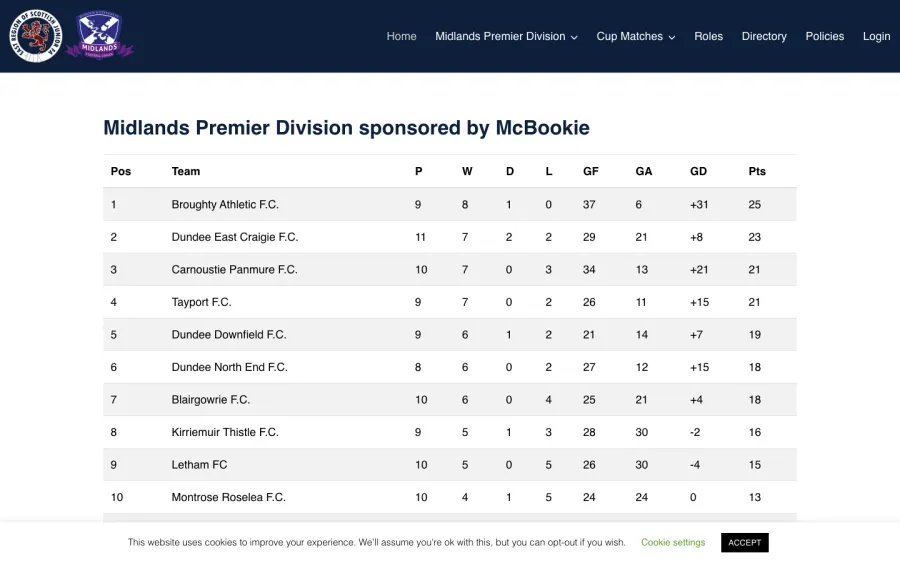 Midlands League website, built by Purple Imp